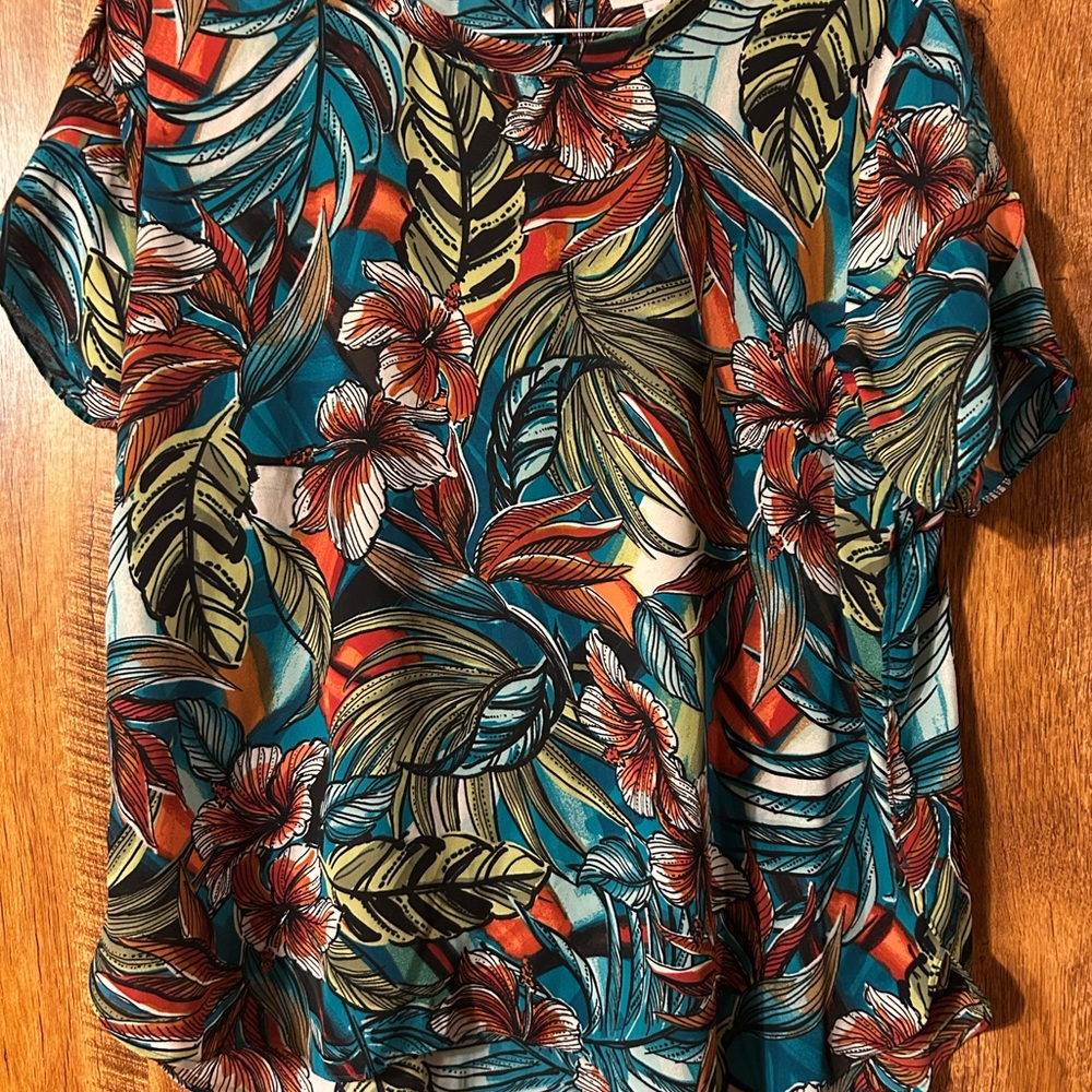 Loft XL- Blue/green and Orange tropical themed Boxy Relaxed Blouse
